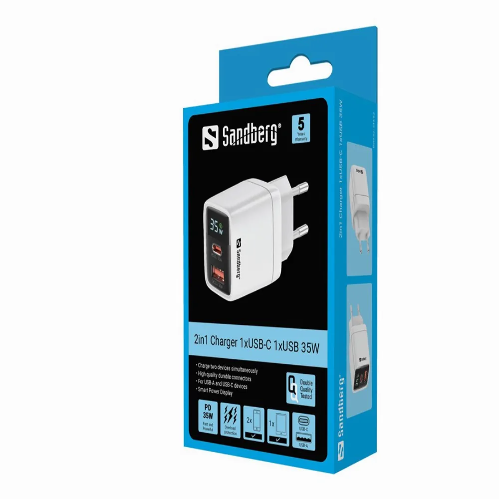 ЗАРЯДНО SANDBERG 2 в 1 - 1xUSB-C 1xUSB 35W - White - PN 441-52 - Image 2