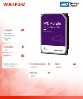 Alternative view от Western Digital HDD лилав 6TB 3,5 256 MB 5400RPM WD64PURZ
