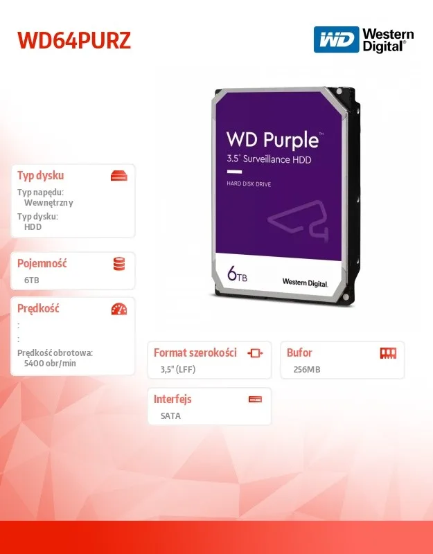 Western Digital HDD лилав 6TB 3,5 256 MB 5400RPM WD64PURZ - Image 2