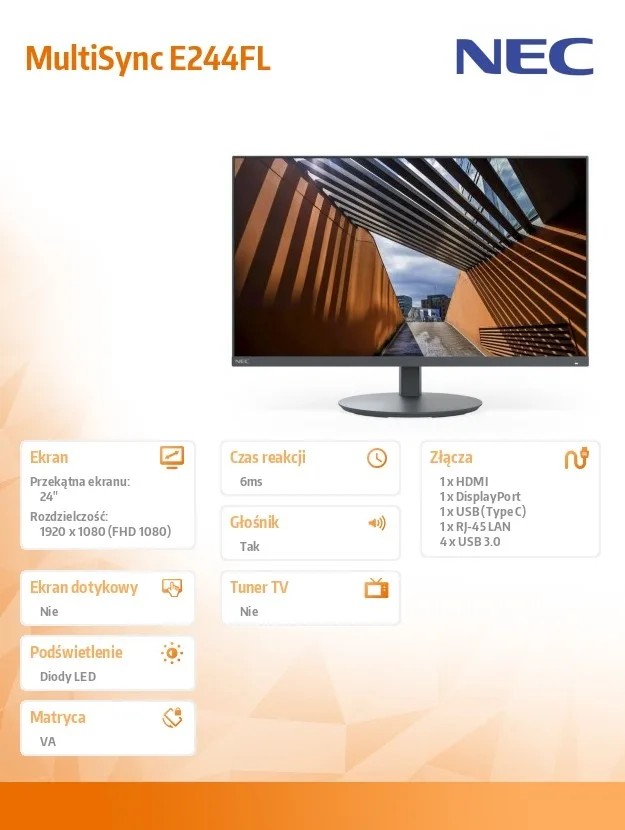 NEC Monitor MultiSync E244FL 24 inches USB-C HDMI черен - Image 5