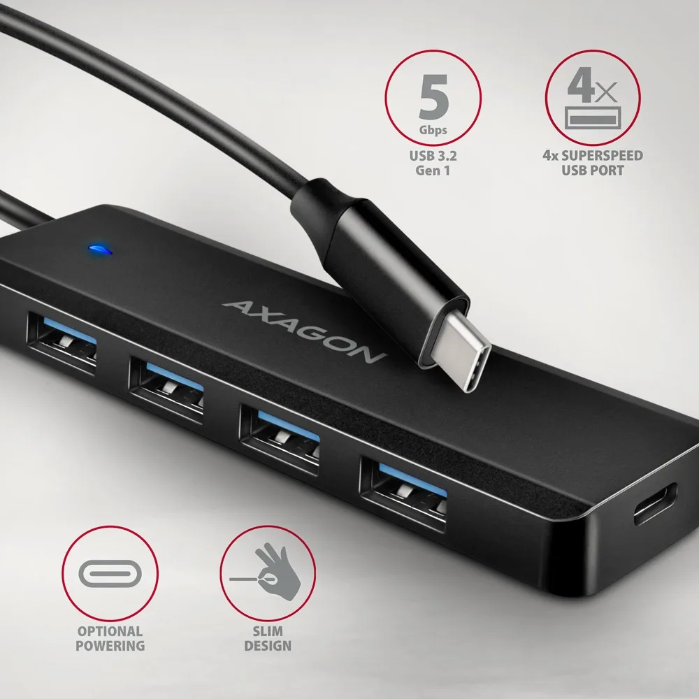 USB хъб AXAGON HUE-C1C 4x USB3.2 Gen 1 Travel hub, USB-C power IN, w. 20cm Type-C cable - Image 2
