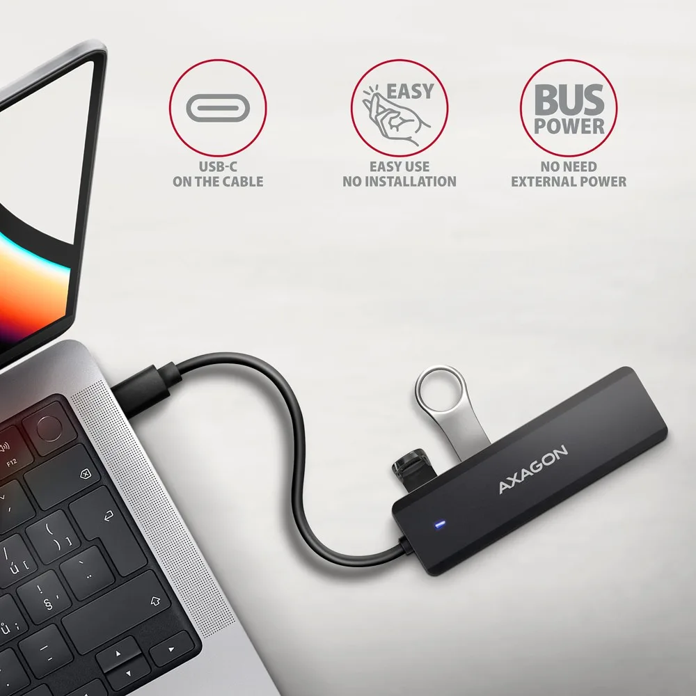 USB хъб AXAGON HUE-C1C 4x USB3.2 Gen 1 Travel hub, USB-C power IN, w. 20cm Type-C cable - Image 3