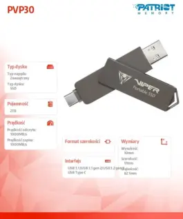 Patriot външен SSD 2TB PVP30 Duo Compact 1000/1000 MB/s USB 3.2 USB-C