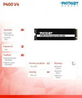 Alternative view от Patriot SSD 4TB P400 V4 6200/5200 MB/s M.2 PCIe Gen4 x4 NVMe 2.0