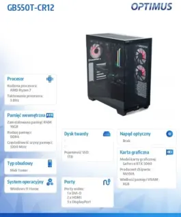 Alternative view от OPTIMUS Компютър E-Sport GB550T-CR12 R7-5800X/16GB/1TB/RTX 5060 OC 8GB/W11