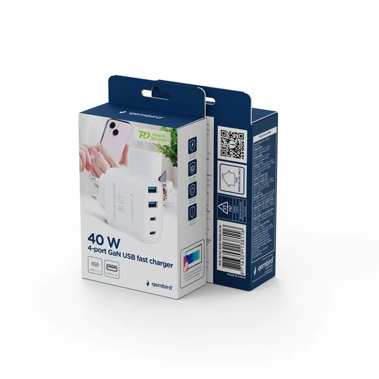 Gembird универсално зарядно GaN 40W LCD 3xUSB-C 1xUSB-A бял - Image 5