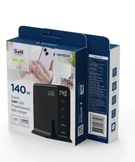 Gembird универсално зарядно GaN 140W LCD 3xUSB-C 2xUSB-A черен - Image 4