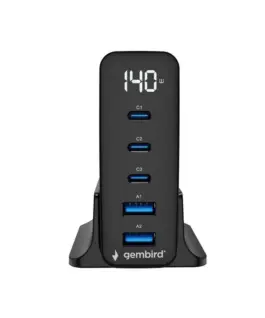 Gembird универсално зарядно GaN 140W LCD 3xUSB-C 2xUSB-A черен