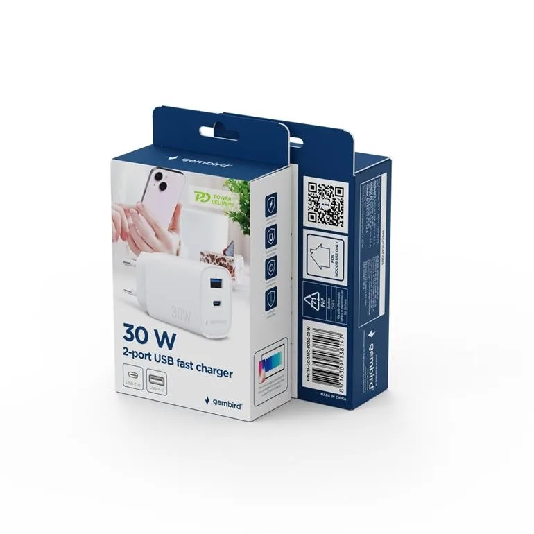 Gembird универсално зарядно 1xUSB-C/A QC 3.0 PD 30W бял - Image 5