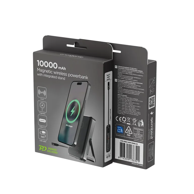 Gembird външна батерия 10000mAh wireless 15W USB-C 20W with stand черен - Image 4