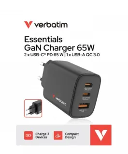 Verbatim зарядно GaN 65W QC 3.0, 2x USB-C, 1x USB PD 3.0 EU - Image 3