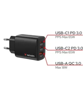 Verbatim зарядно GaN 65W QC 3.0, 2x USB-C, 1x USB PD 3.0 EU - Image 5