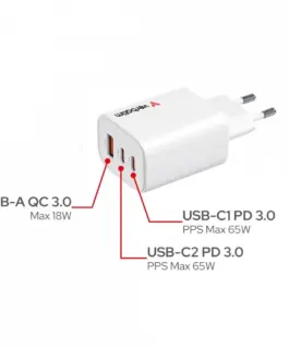 Alternative view от Verbatim зарядно GaN 65W QC 3.0, 2xUSB-C, 1x USB-A PD 3.0 EU