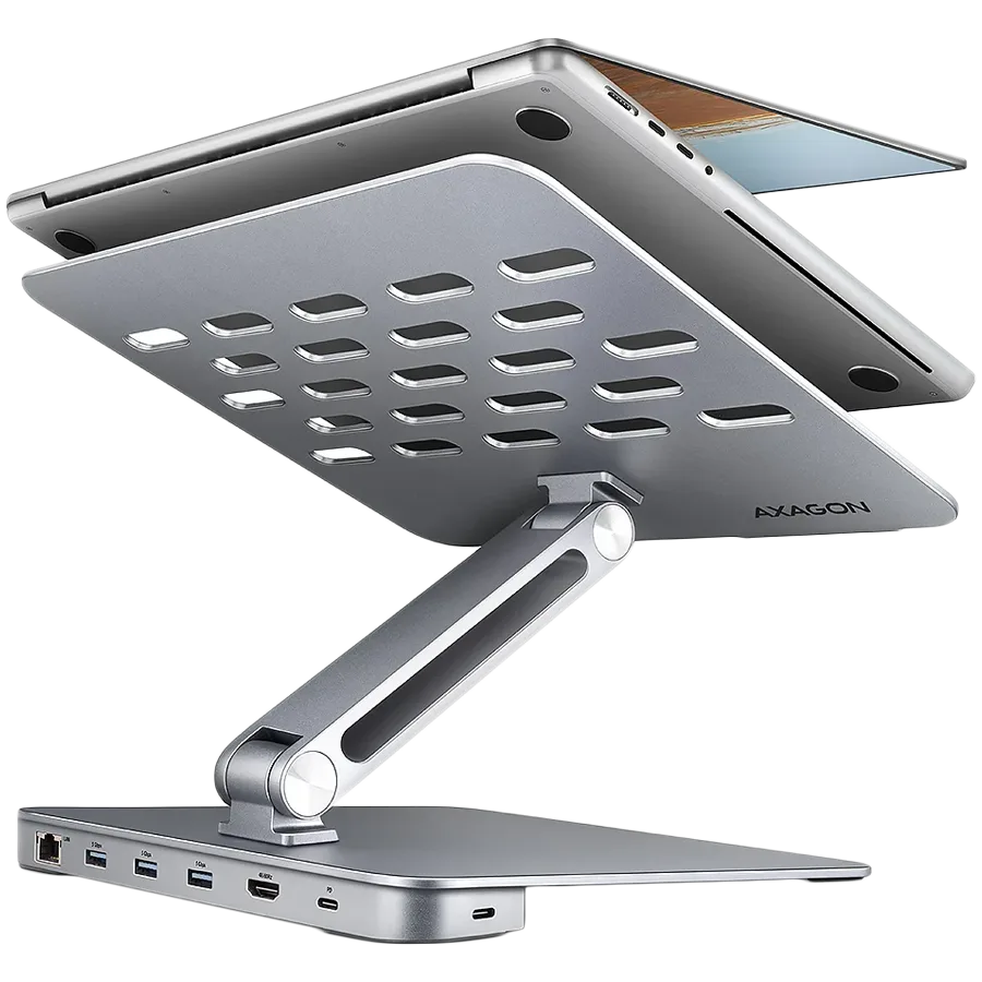 USB хъб AXAGON HMC-STND ALU stand with HUB 5Gbps for 10" - 16" laptops adjustable 3x USB-A HDMI 4K/60Hz GLAN PD 100W USB