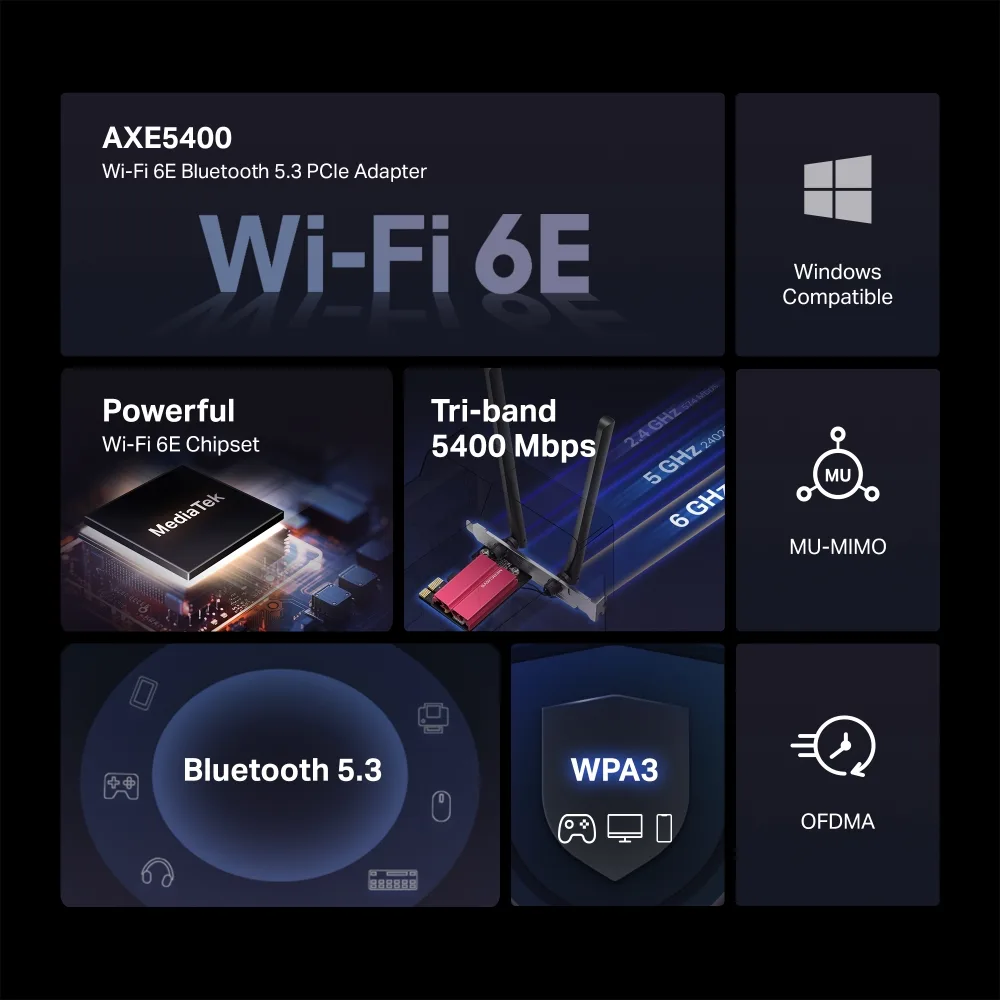 Безжичен Wi-Fi 6E Bluetooth 5.3 PCIe Адаптер Mercusys MA86XE AXE5400 - Image 3