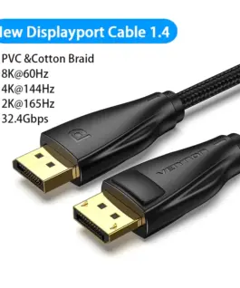 Alternative view от Vention кабел Display Port 1.4 DP M / M 8K 2m - Cotton Braided, Black - HCCBH