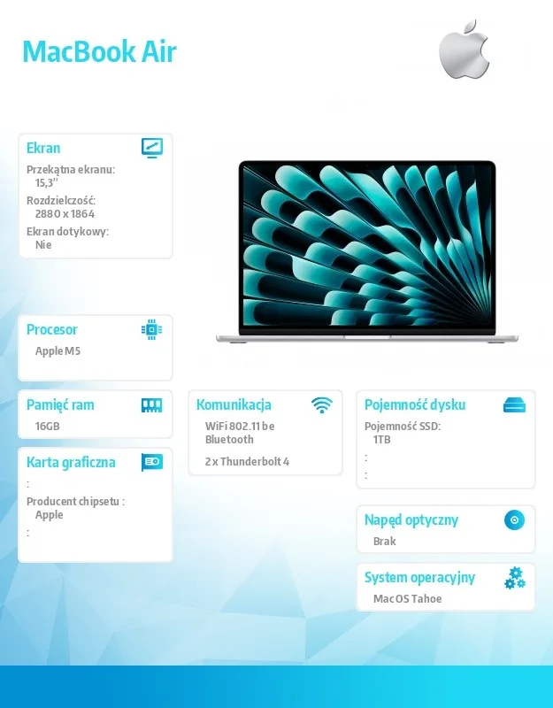 Apple MacBook Air 15.3-inch: M5 10/10, 16GB, 1TB SSD, without захранващ блок - Silver - Image 2