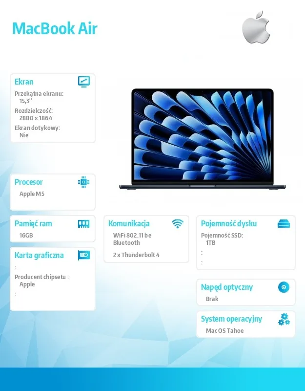 Apple MacBook Air 15.3-inch: M5 10/10, 16GB, 1TB SSD, without захранващ блок - Midnight - Image 2