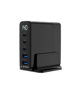 Alternative view от Gembird универсално зарядно GaN 140W LCD 3xUSB-C 2xUSB-A черен