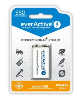 Alternative view от Акумулаторна Батерия R22 9V LiIon 500mAh/550 precharged +Usb-C 1бр. в опаковка EVERACTIVE