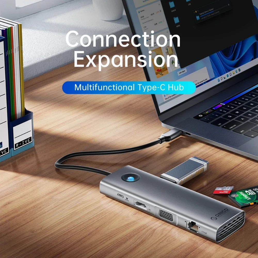 Orico докинг станция Type-C Docking Station Power Distribution 100W - HDMI, Type-C x 1, USB3.0 x 3, LAN 1000Mbps Gigabit, SD/TF, VGA, Audio - PW11-10P-GY - Image 3