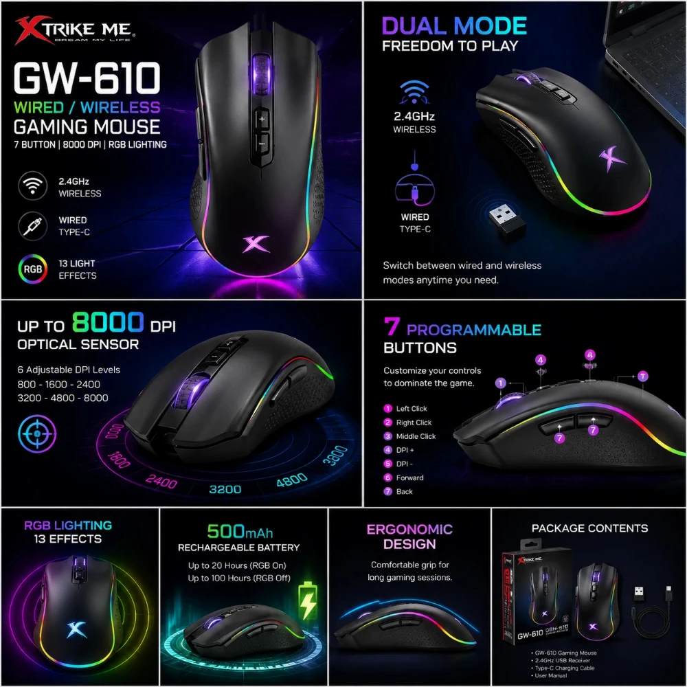 Xtrike ME безжична геймърска мишка Gaming Mouse Wireless GW-610 - Image 6
